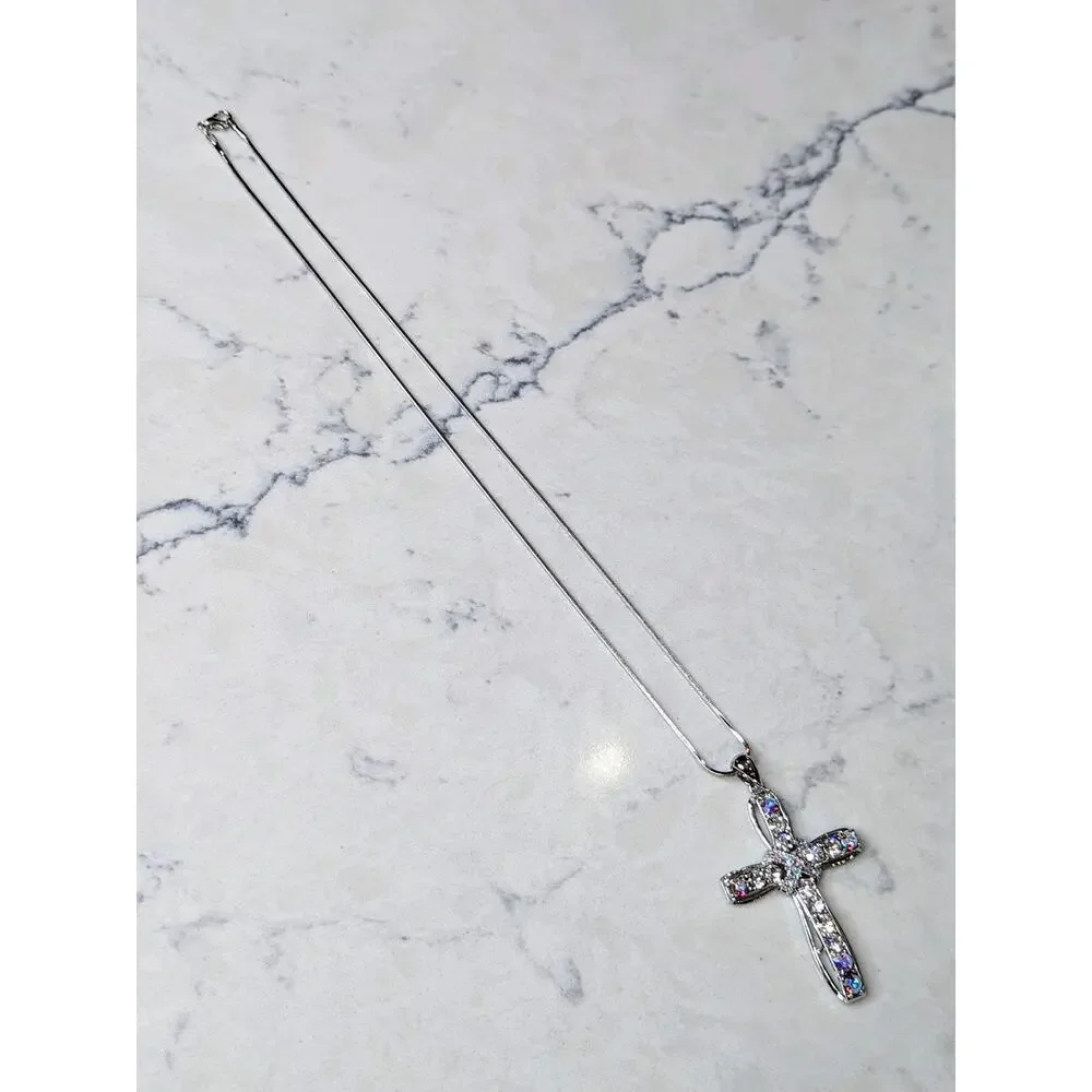 White Gold Plated Crystal Cross Necklace NEW Religious Spiritual Gift